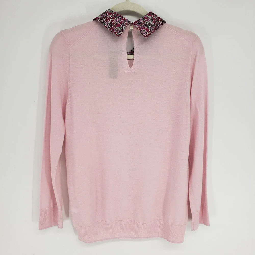 J Crew Tippi Liberty Floral Collar Merino Wool Sweater Women M Pink Long Sleeve